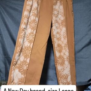 A NEW DAY Tan Joggers with White Lace-Inspired Side Panels